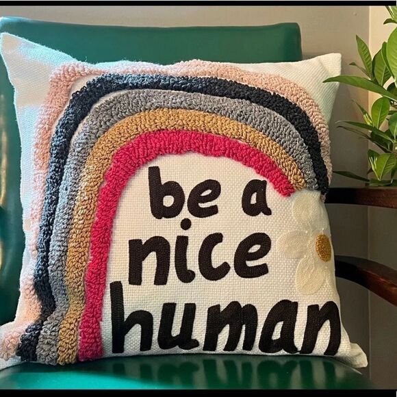 Be a Nice Human Embroidered Boho Rainbow Decorative Throw Pillow Cover - Picture 1 of 6